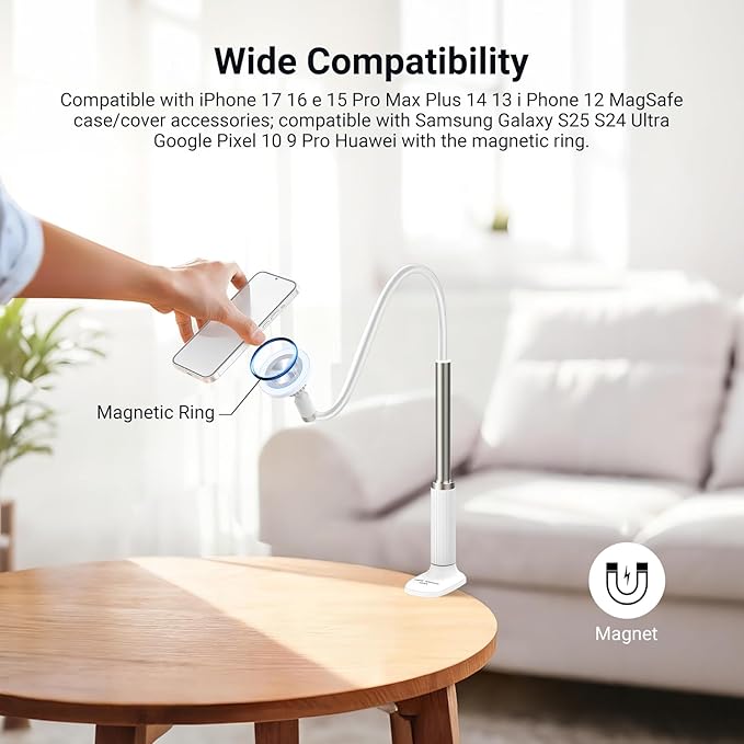 NEEWER Basics Magnetic Phone Stand for Desk 360° Overhead Table Cellphone Holder Clamp Mount with Flexible Arm Compatible with MagSafe iPhone Android Samsung for Bed Video Recording PA151 White