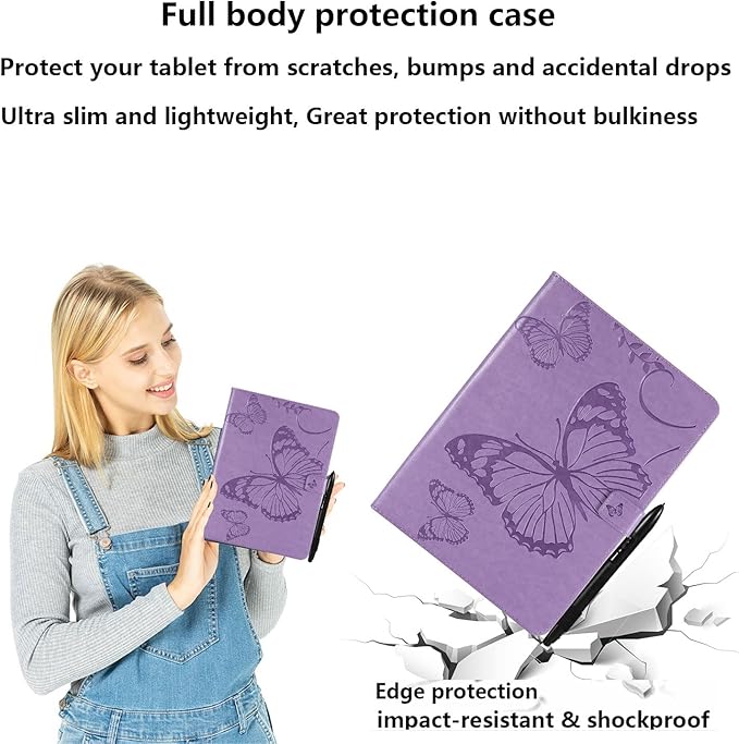 Kindle Fire HD 10 Tablet 2019/2017 Case 9th/7th Generation 10.1 with Pencil Holder Pockets [Auto Sleep/Wake] Folio Stand Embossed PU Leather Magnetic Smart Wallet TPU CoverPurple Butterfly