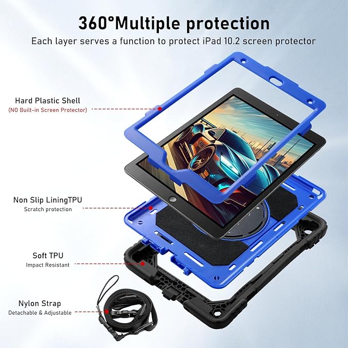 for iPad 9th/8th/7th Generation CaseiPad 10.2 Case 2021/2020/2019 with Cute Key Chain Rugged Protective Case with 360°Rotating Stand &amp Shoulder Hand Strap &amp Pen Slot for 10.2 Inch (Black+Bl