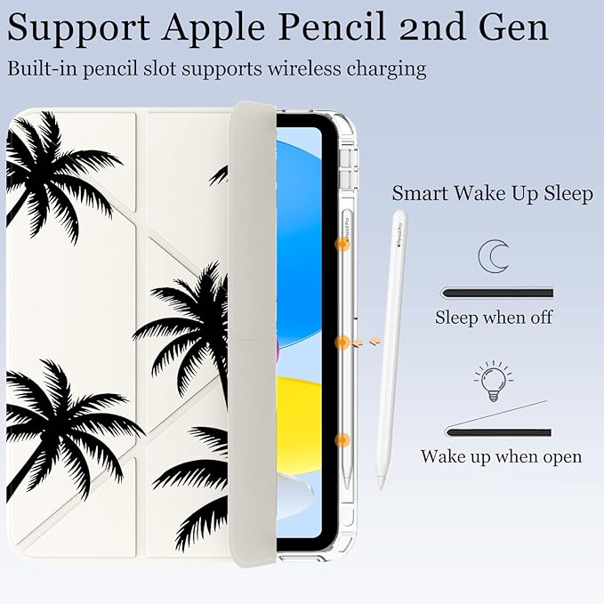 Cute Black Palm Tree for iPad Pro 11 Inch Case (M5/M4) 2025/2024 with Pencil Holder Auto Sleep/Wake White Leather Acrylic Back Detachable Cover
