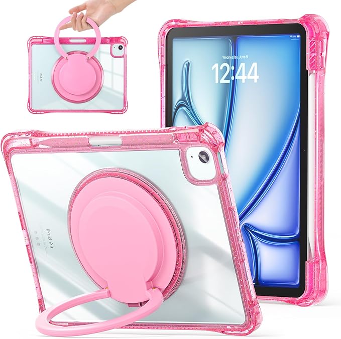 Shockproof Case for iPad Air 11'' (M4 2026/M3 2025/M2 2024)/ iPad Air 10.9'' Air 5th /4th Gen PC Clear Tablet Cases with Rotating Stand for Kids Giliter Rose