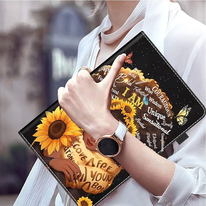 Case for Amazon Fire HD 10 Tablet (9th/7th/5th Generation2019/2017/2015 Release) Multi-Angle Smart Stand Cover Auto Sleep/Wake for Fire 10.1 InchAfrican American Women Sunflower Butterfly
