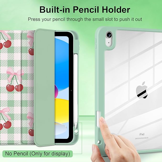 DONGKE Case for iPad (A16) 11th Generation 11 inch 2025 &amp iPad 10th Gen 10.9 inch 2022 [Built-in Pencil Holder] Clear Acrylic Back Trifold Stand Smart Cover Auto Sleep/Wake Green Cherry