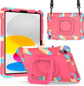 Dteck Kids Case for iPad A16/10th Generation 2025/2022 Heavy Duty Hybrid Shockproof 360Swivel Kickstand Anti Scratch Durable Protective Case with Pencil Holder Shoulder Strap Rose/Colorful