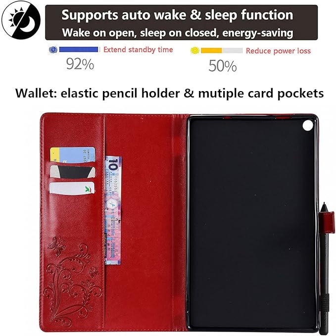 Kindle Fire HD 10 Tablet 2019/2017 Case 9th/7th Generation 10.1 with Pencil Holder Pockets [Auto Sleep/Wake] Folio Stand Embossed PU Leather Magnetic Smart Wallet TPU Cover Red Butterfly