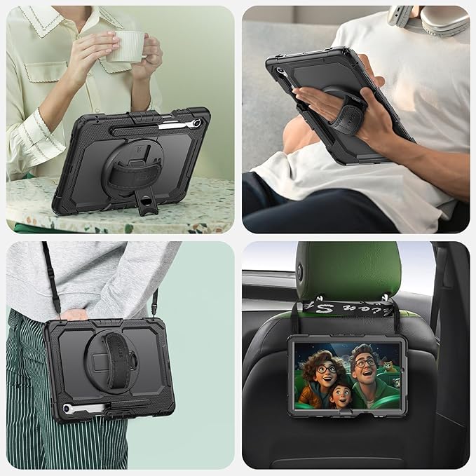 SEYMAC Case for Samsung Galaxy Tab S11 5G 2025 11 Inch Heavy Duty Shockproof Protective Case with Screen Protector 360° Rotating Stand Hand/Shoulder Strap and Pen Holder Black