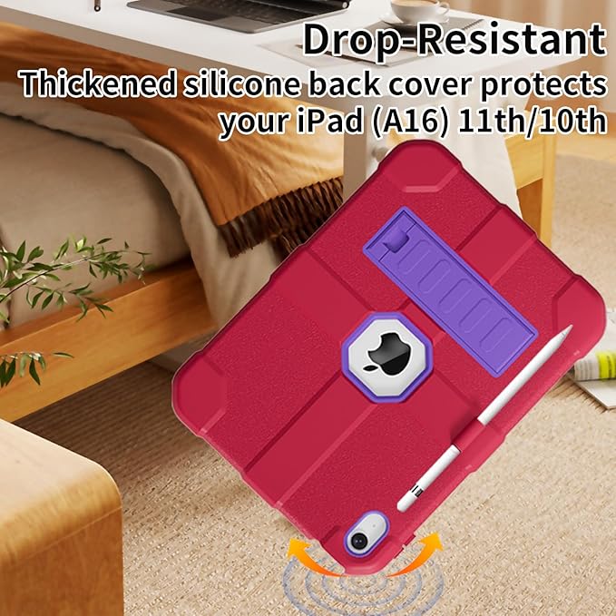 Case for iPad (A16) 11th Generation 11 Inch 2025 / iPad 10th Generation 10.9 Inch 2022 Rugged Heavy Duty Protective Cover [Built-in Pencil Holder ] for iPad 11/10 Gen (Rosered/Purple)