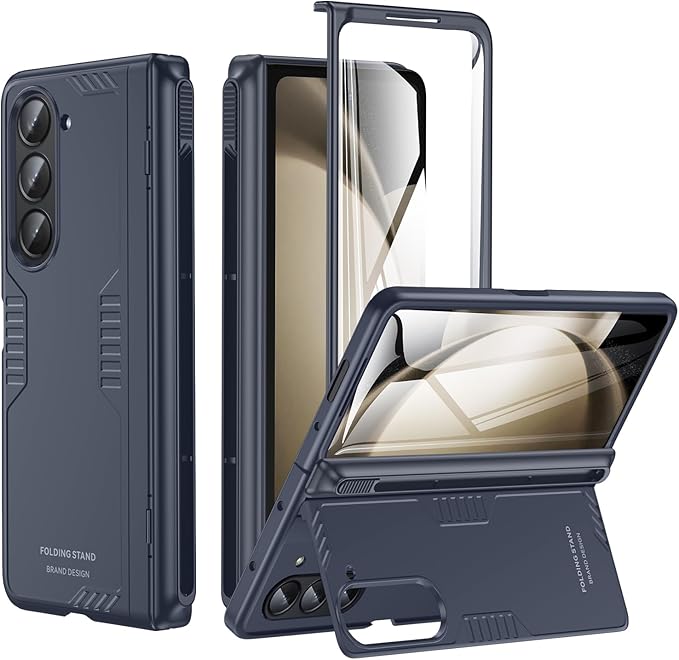 Kaiiecal for Samsung Galaxy Z-Fold-5 Case with S Pen Holder [No Pen] Screen Protector | Hidden Kickstand | Slim Hinge Protection | Scratch Resistent | Anti-Slip Soft Full-Body Cover for Fold5 Blue