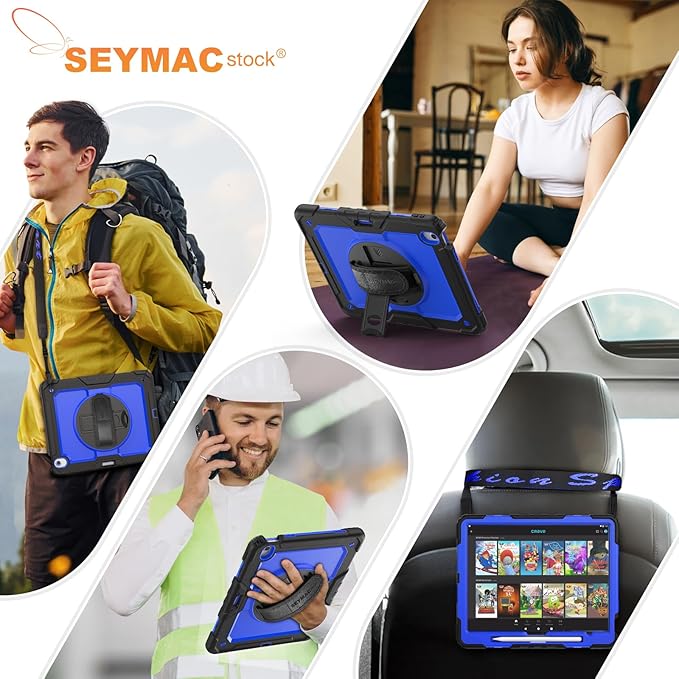 SEYMAC stock Case for iPad Air 13-inch M4-M2 2026-2024 (Gen 8-6) Shockproof Heavy Duty Case with Screen Protector Pencil Holder Rotating Stand Hand Strap Shoulder Strap Blue