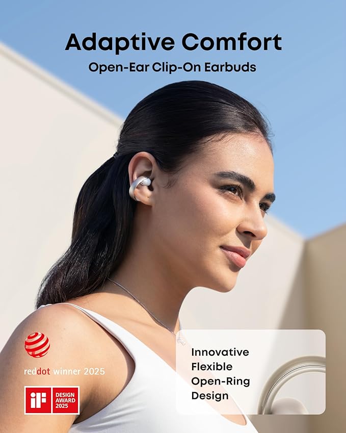 Soundcore AeroClip by Anker Open-Ear Earbuds Clip-On Headphones Adaptive Comfort Clear Calls with 4 Mics and AI Stable Fit 12mm Drivers for Powerful Bass Hi-Res Open-Ring Design