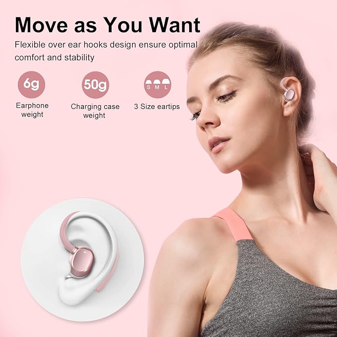 Ear Buds Wireless Earbuds HiFi Stereo Bluetooth 5.3 Running Headphones with Dual LED Display 30Hrs Playtime Built-in Mic Type-C in-Ear Bluetooth Earphones with Earhooks for Sport Rose Gold