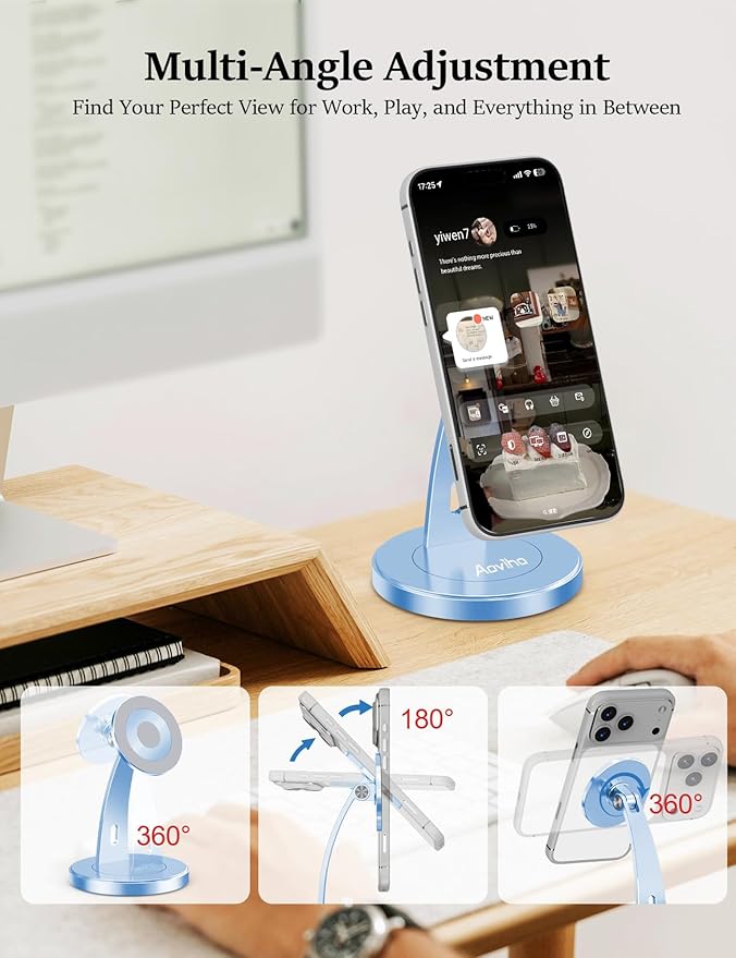 Magnetic Phone Stand for Desk – 360° Rotating Aluminum Phone Holder Stable Desk Stand for Office Home &amp Kitchen Compatible with iPhone 17 Pro Max 16–12 Series and MagSafe Cases Sky Blue