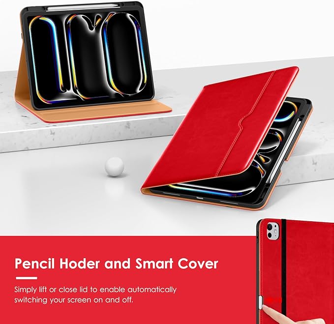 VIKESI Case for iPad Pro 13-inch M5 or M4 Released in 2025 or 2024 Leather Stand Cover with Apple Pencil Holder Auto Wake/Sleep Multiple Viewing Angles Built in Hand Strap &amp PocketBright Red