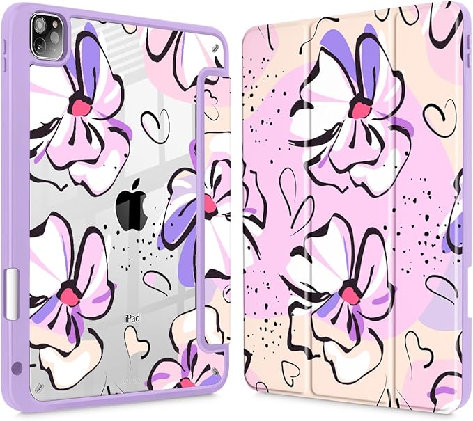Mektron Case for iPad Pro 11 inch (4th 3rd 2nd &amp 1st Gen) 2022 2021 2020 2018 Buit in Pencil Holder with Shockproof Cover Clear Shell + Auto Wake/Sleep Pink Flowers