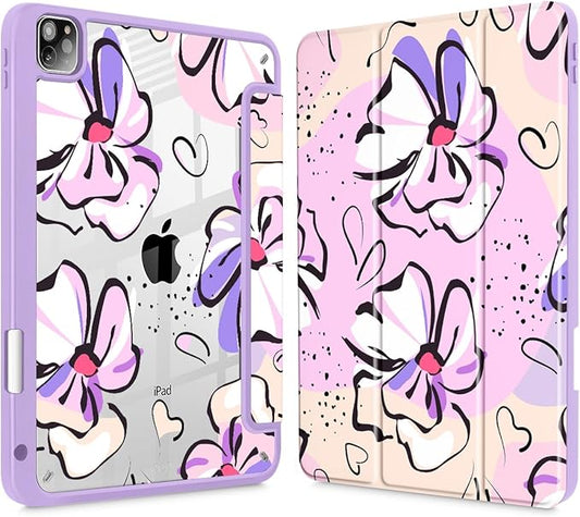 Mektron Case for iPad Pro 11 inch (4th 3rd 2nd &amp 1st Gen) 2022 2021 2020 2018 Buit in Pencil Holder with Shockproof Cover Clear Shell + Auto Wake/Sleep Pink Flowers