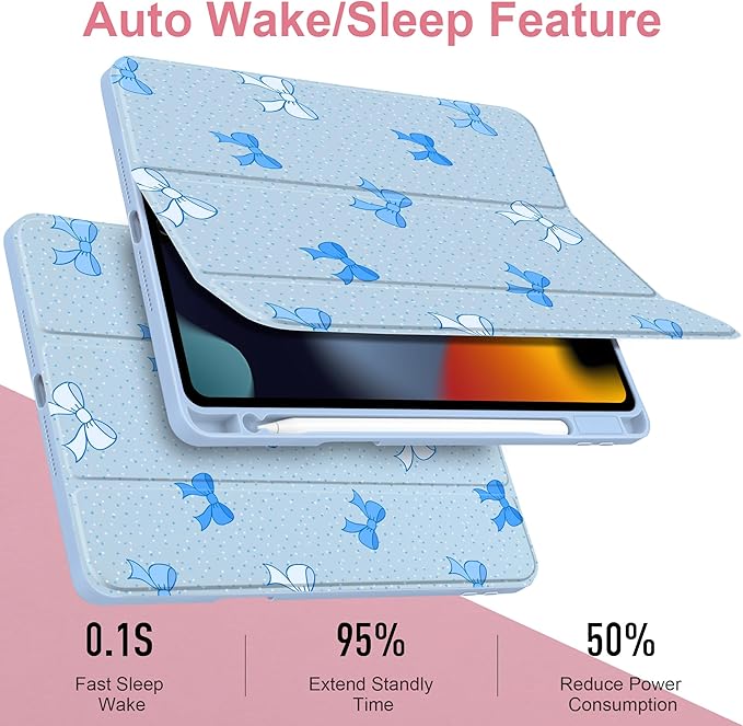 MEEgoodo Case for iPad 10.2 inchTablet Cases for iPad 9th Generation 2021/8th Gen 2020/7th Gen 2019 with Clear Acrylic Back Shell+Pencil Holder+Auto Wake/Sleep+Trifold Stand Blue Polka Dots &amp Bo