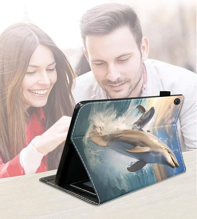 Case for Amazon Kindle Fire 7 Tablet (7 9th/7th Generation 2019/2017 Release) Slim PU Leather Cover with Card Slot &amp Auto Wake/Sleep Dolphin