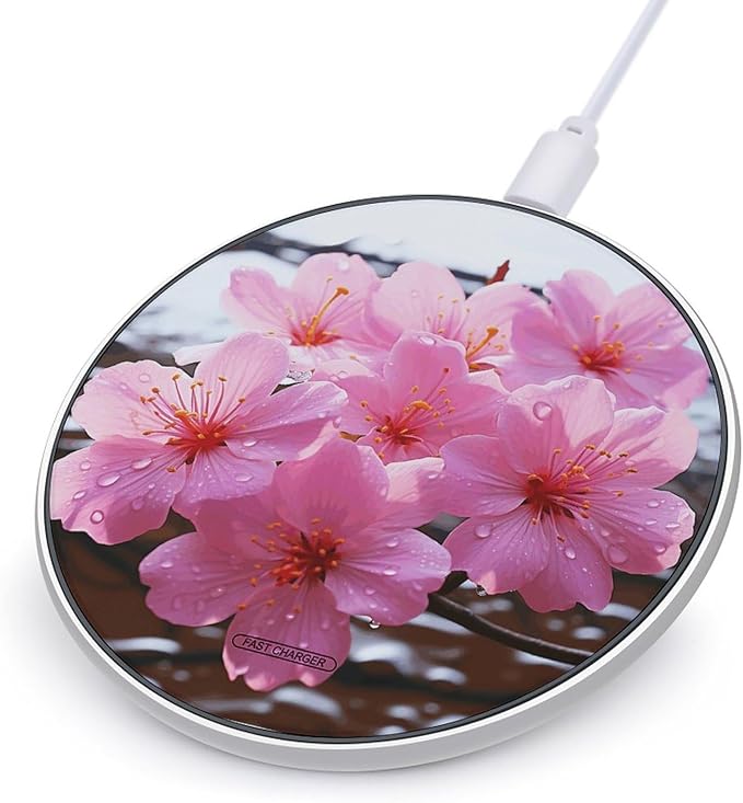 Pink Flower Wireless Charger Fast Wireless Charging Pad with USB Cable 10W Anti-Slip Magnetic Wireless Charger Portable Slim Charger Puck Travel Charging Station