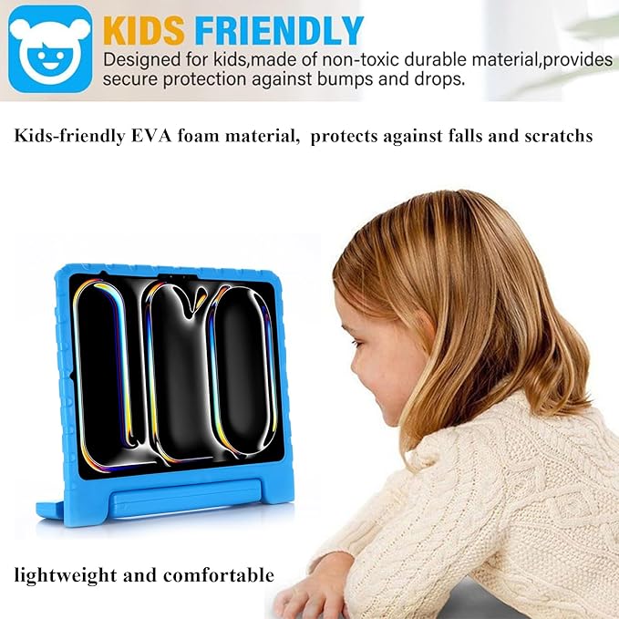 Kids Case for iPad Air 13-inch M3/M2 &amp iPad Pro 13 inch Case M5/M4 (2025/2024) with Pencil Holder/Kickstand Lightweight Convertible Handle Stand EVA Shockproof Rugged Protective Cover Blue