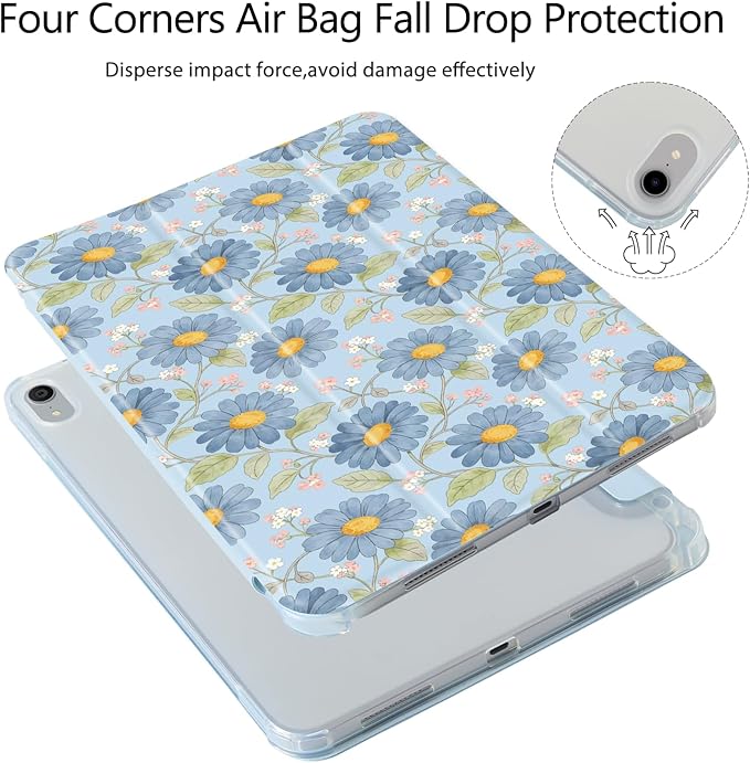 Cute Blue Daisy Clusters for iPad Air 5/Air 4 Case (10.9 Inch2022/2020) Air 5th/4th Gen[Pencil Holder+Auto Sleep/Wake]Slim Stand Soft Leather TPU Back Smart CoverBlue