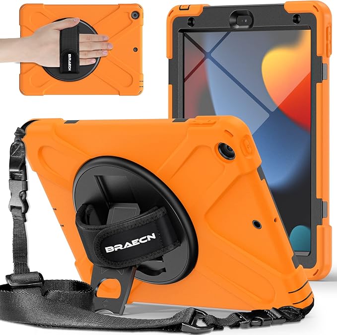 BRAECNstock for Apple iPad 9th/ 8th/ 7th Generation Case 10.2 2021/2020/2019 Shockproof Protective iPad 10.2 inch Kids Case with Screen Protector Rotating Stand+Hand Strap Shoulder Strap Orange