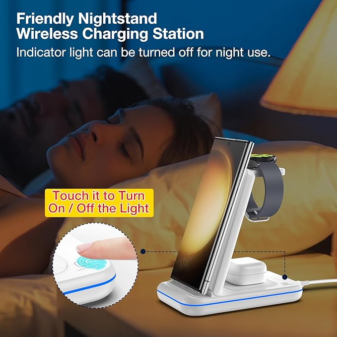 Wireless Charger for Samsung/Android HOLYJOY Foldable 3 in 1 Fast Charging Station/Stand/Multi Charger for Samsung S25 Ultra/S24/Note 20Travel Pad for Galaxy Watch 8/7/6/5/4/Active 2For Buds(Ivory)