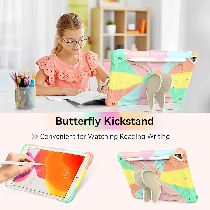 for iPad 9th Generation Case 10.2 inch for Kids Girls with Butterfly Kickstand Shoulder Strap Pencil Holder Rugged Cover for iPad 9th 8th 7th Gen 2021 2020 2019 Rose Gold