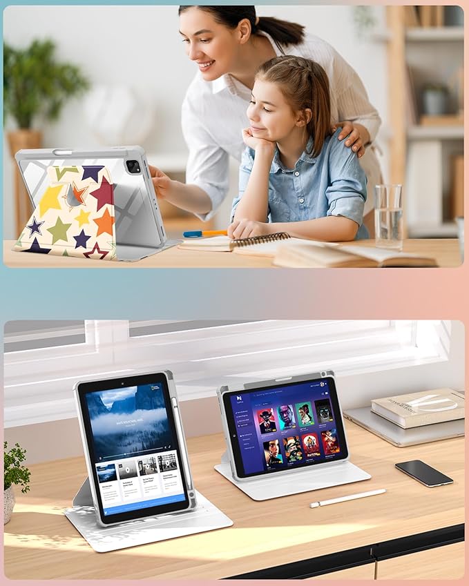 for iPad Air 11 inch Case(Air M4 2026 8th Gen/M3 2025/M2)/Air 5th/4th Gen 10.9 for iPad Pro 11 inch Case(4th/3rd/2nd/1st Gen) - 360 Rotating Smart Folio Cover with Pencil Holder Stars