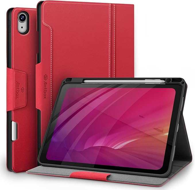 Antbox Case for iPad Air 11-inch M4/M3/M2 (2026/2025/2024) iPad Air 5th/4th Generation 10.9'' Vegan Leather with Pencil Holder Typing Angle Auto Sleep/Wake Muti-Stand (Red)