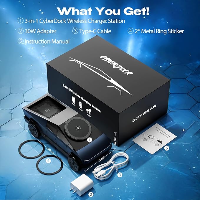 CyberDock 3-In-1 Wireless Charging Station Cybertruck 1:25 Scale Charger with Qi2 Certified 15W Charging for iPhone iWatch AirPod Magnetic Rotating Charger with Ambient Light 30W Adapter Deep Blue
