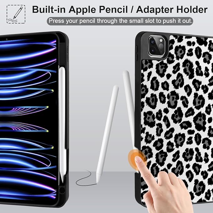 MEEgoodo for iPad Pro 12.9 Case M2 6th/5th/4th/3rd Generation 2022 2021 2020 2018 with Pencil Holder Tablet Cover with Soft TPU Back Shell Snow Leopard Texture