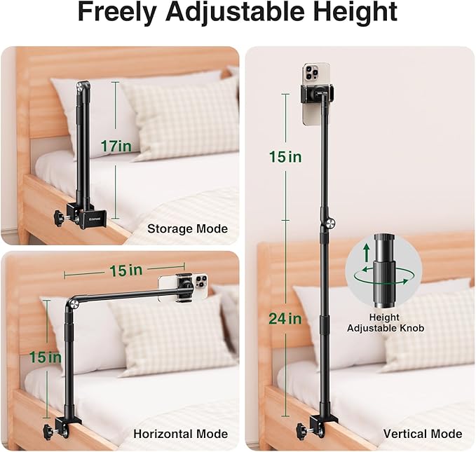 elitehood Aluminum Arm Phone Holder for Bed [360° Swivel Tilt Rotation] Adjustable Bedside Phone Holder Laying Down iPhone Stand for Bed Desk Overhead iPhone Clamp Mount Fit All 4-7’’ Cellphone