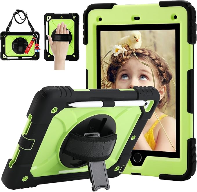 for iPad 6th Generation/iPad 5th Gen/iPad Air 2/iPad Pro 9.7 Case with Cute Key Chain Rugged Protective Case with Rotating Stand &amp Shoulder Hand Strap for iPad 6th/5th/ Air 2 (Black+Yellow)