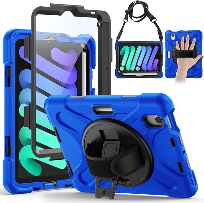 Gerutek Case for iPad mini 7 (A17 Pro) 2024/Mini 6 2021 8.3 inch Shockproof Cover for iPad mini 7/6th Generation with Screen Protector 360° Rotating Stand Hand/Shoulder Strap Pencil Holder Blue
