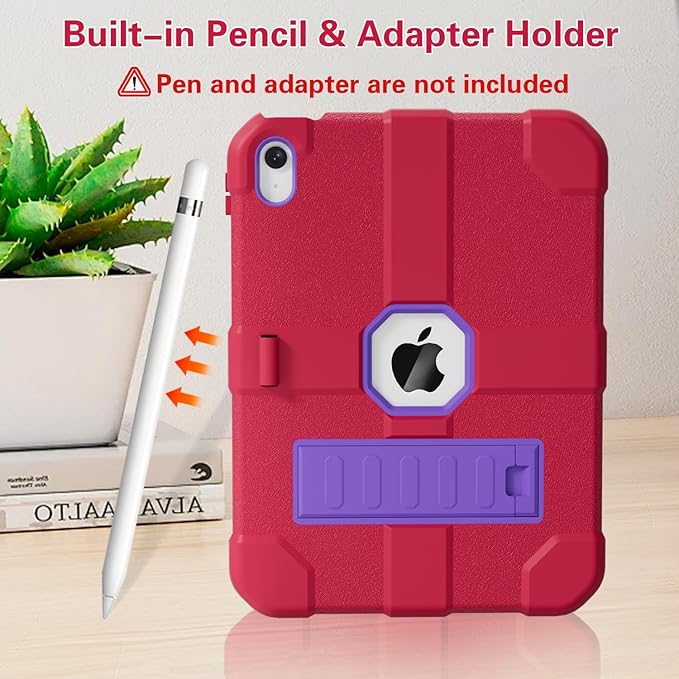 Case for iPad (A16) 11th Generation 11 Inch 2025 / iPad 10th Generation 10.9 Inch 2022 Rugged Heavy Duty Protective Cover [Built-in Pencil Holder ] for iPad 11/10 Gen (Rosered/Purple)