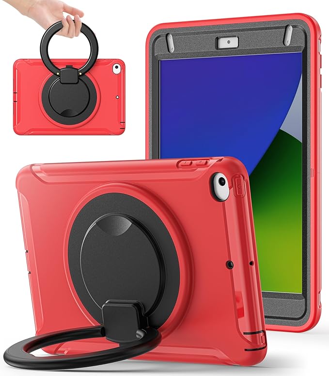 BATYUE Shockproof Case for iPad mini 4/5 (2015/2019) - 360° Multi-Angle Stand (Portrait &amp Landscape) &amp Grip Pencil Holder (Elastic Loop) Multi-Scene for All Ages Red