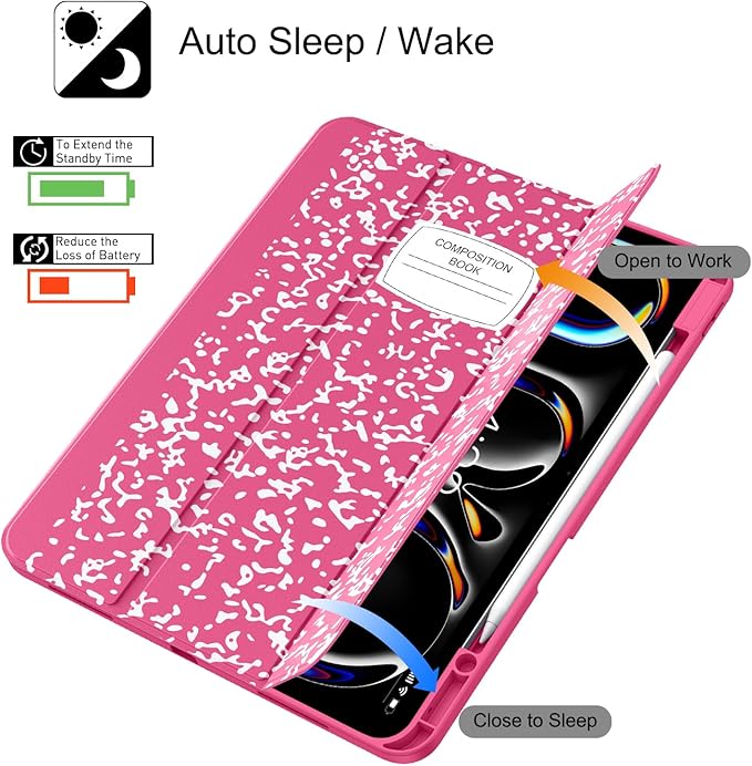 Soke Case for New iPad Pro 13 Inch (M5/M4 2025/2024 Release) with Pencil Holder Trifold Stand Shockproof [Support Apple Pencil Charging + Auto Wake/Sleep] Soft TPU Back Cover Book Hot Pink