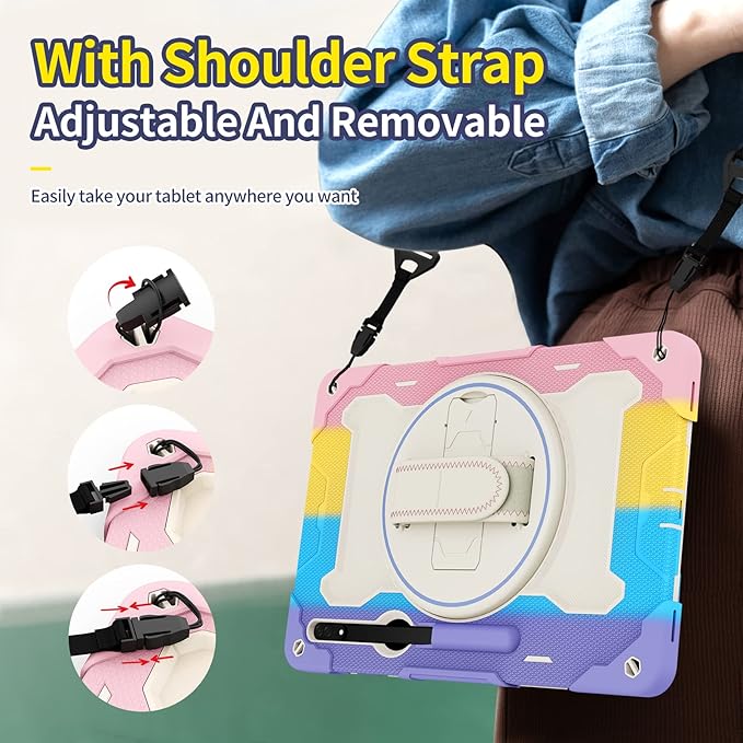 Tablet Case for Samsung Galaxy Tab S10 Ultra 14.6/S9 Ultra/S8 Ultra Kids Rainbow Heavy Duty Silicone Shockproof Case with Pencil Holder Shoulder Strap Rotating Fold Kickstand Hand Strap