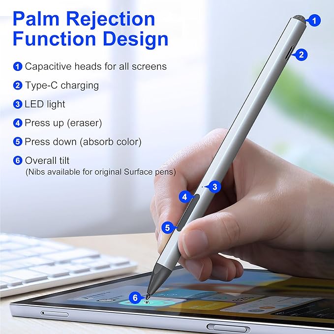 Surface Pen Stylus for Microsoft Surface Pro - 75 Day Battery Life+4096 Tilt Pressure+Touchscreen Pen Cap Work for Surface Pro 11/10/9/8/7/6/5/4/3/X Surface Go 3/2/1 Surface Book/Laptop/Studio 3/2/1