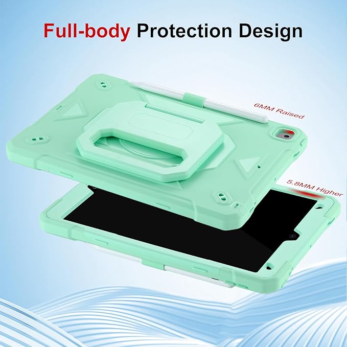 Case for iPad 9th Generation (2021) /iPad 8th Gen (2020)/iPad 7th Gen (2019) Military Grade Shockproof iPad Case Built-in 360°Rotating Stand/Pen Slot/Shoulder Strap for iPad 10.2 (Mint)