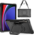 Case for Galaxy Tab S9 FE+/Tab S9+ 12.4 inch Rugged Armor Heavy Duty Hybrid Cover with Adjustable Stand and Handle for Tab S9 Plus 12.4 with Shoulder Strap and S Pen Holder (Black/Black)