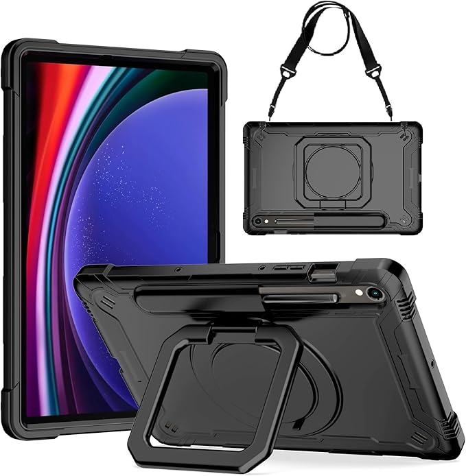 Case for Galaxy Tab S9 FE+/Tab S9+ 12.4 inch Rugged Armor Heavy Duty Hybrid Cover with Adjustable Stand and Handle for Tab S9 Plus 12.4 with Shoulder Strap and S Pen Holder (Black/Black)