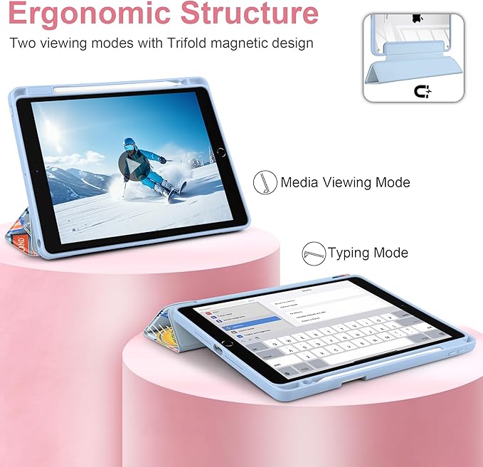 MEEgoodo Case for iPad 10.2 inchTablet Cases for iPad 9th Generation 2021/8th Gen 2020/7th Gen 2019 with Clear Acrylic Back Shell+Pencil Holder+Auto Wake/Sleep+Trifold Stand Retro Tropical Pattern
