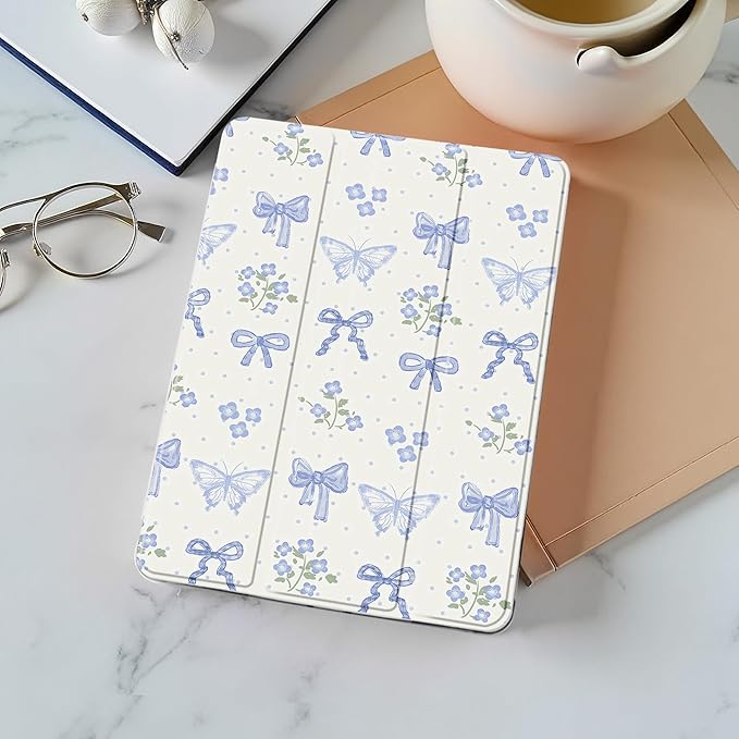 Idocolors Cute Kawaii Blue Bow Butterfly Pad Case for 12.9 Inch iPad Pro 2022/2021/2020/2018 Clear TPU Smart Stand Back Cover with Pencil Holder Auto Wake/Sleep Case for Women Girls