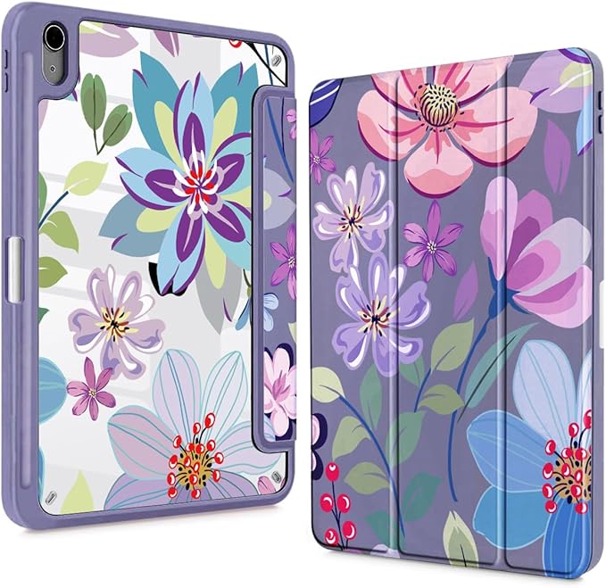 Teryeefi for iPad 11 inch (A16) 2025 11th Gen/iPad 10.9 inch 2022 10th Gen Built in Pencil Holder with Crystal Clear Hard Shell Back Cover with Auto Wake/Sleep &amp Stand Function Stylish Flower