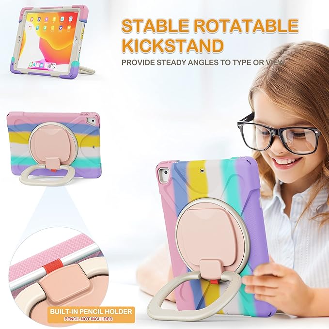 BRAECN for 9.7” iPad 6th/5th Generation Cases iPad Air 2/ iPad Pro 9.7 Kids Case-Heavy Duty Silicone Cover with Stable Kickstand Multi-Functional Grip Carrying Strap Pencil Holder-Colorful Pink
