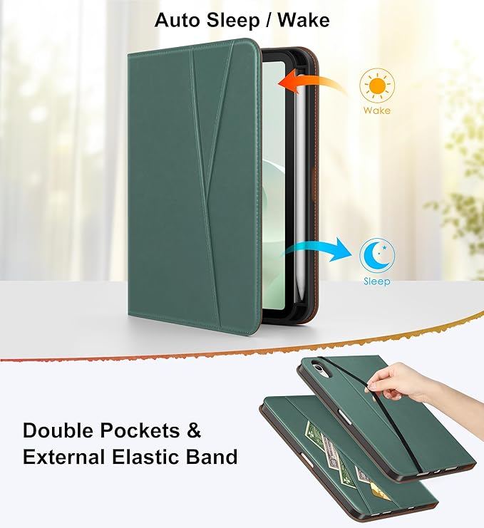DTTO for iPad mini 7 (A17 Pro) Case iPad mini 7th / 6th Generation Case (2024/2021) 360 Degree Rotating Premium Leather Folio Stand Cover with Pencil Holder Midnight Green
