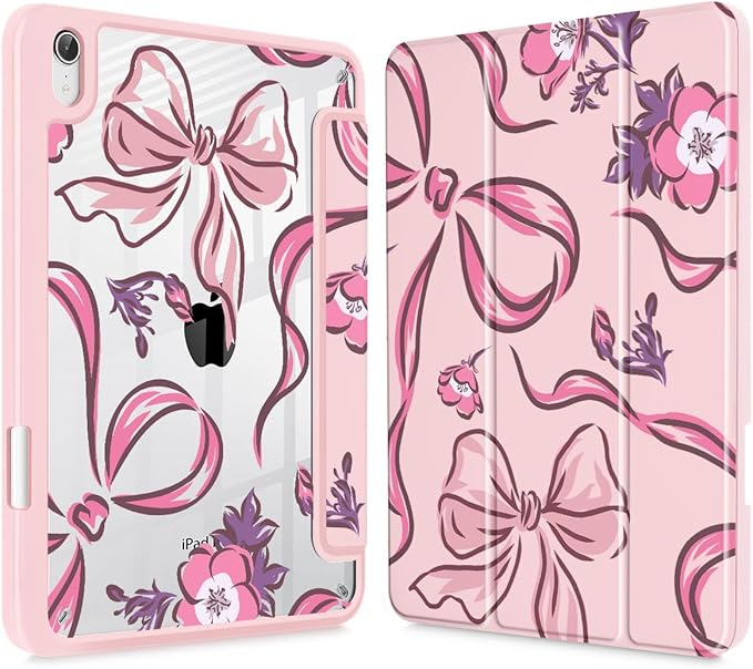 Mektron Printed Case for iPad mini 7 (A17 Pro) 2024/ Mini 6 2021 iPad mini 7th/6th Generation 8.3-inch Liquid Retina Display Cover Buit in Pencil Holder with Clear Back Shell Flowers-Bows-Pink