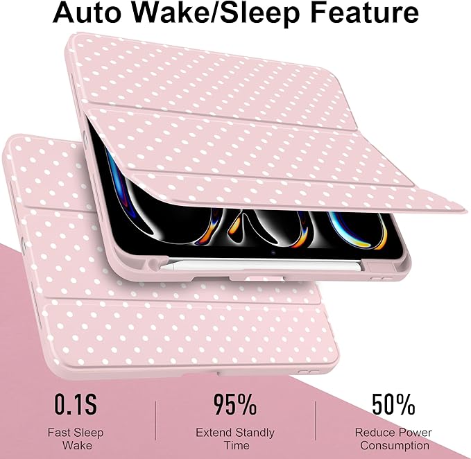 Case for iPad Pro 11 Inch (M5 2025 M4 2024) – [Built-in Pencil Holder] Shockproof &amp Stylish Clear Hard Back + Soft TPU Edge Magnetic Trifold Stand Auto Wake/Sleep Pink White dot