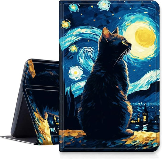 DIGTIALLL Case for Amazon Kindle Fire HD 10 &amp 10 Plus Tablet (11th Generation 2021 Release) 10.1 PU Leather Smart Protective Cover with Auto Sleep/WakeCat On Starry Night